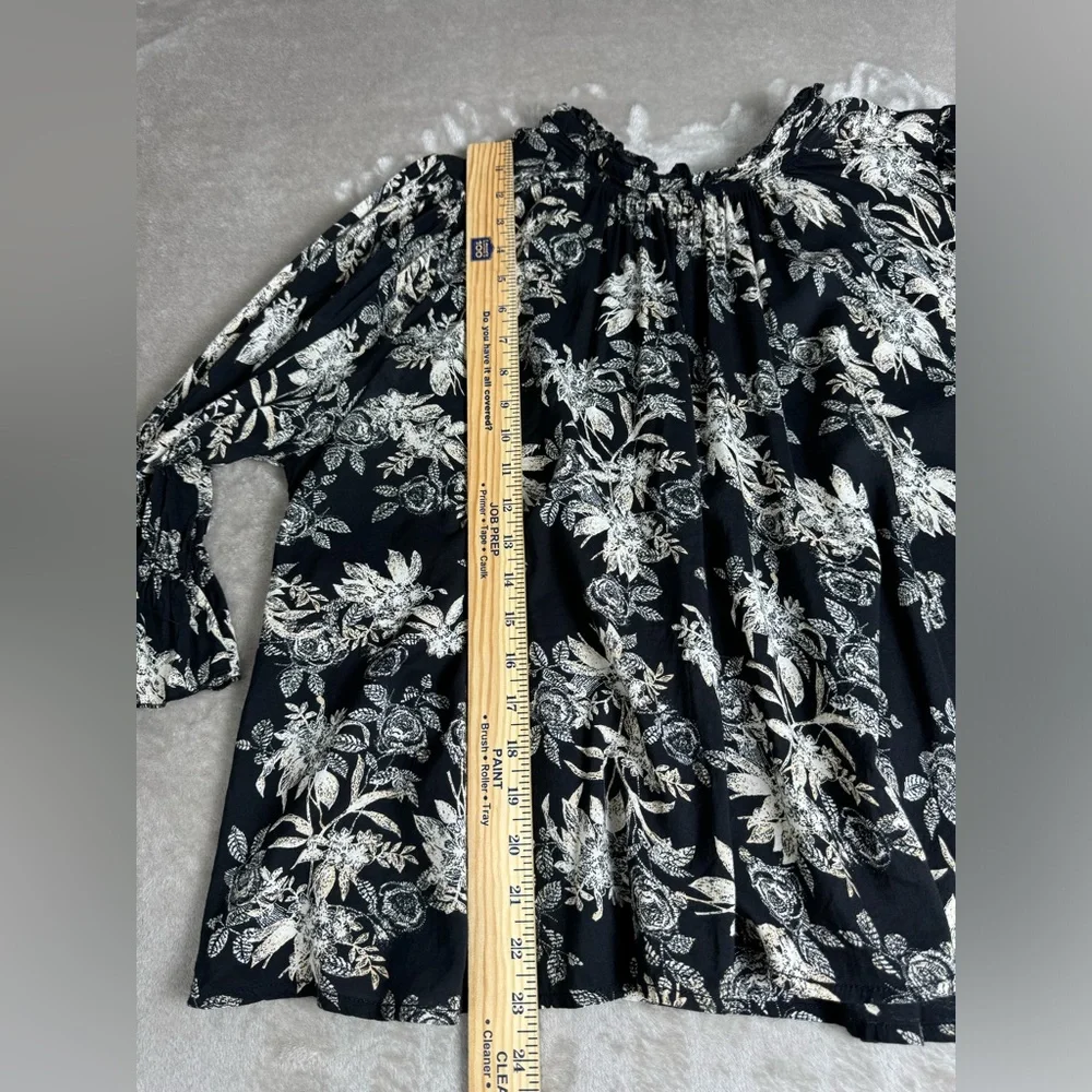 FREE PEOPLE Claudia Floral Blouse Large Black Ivory High Neck 3/4 Sleeve‎ Loose